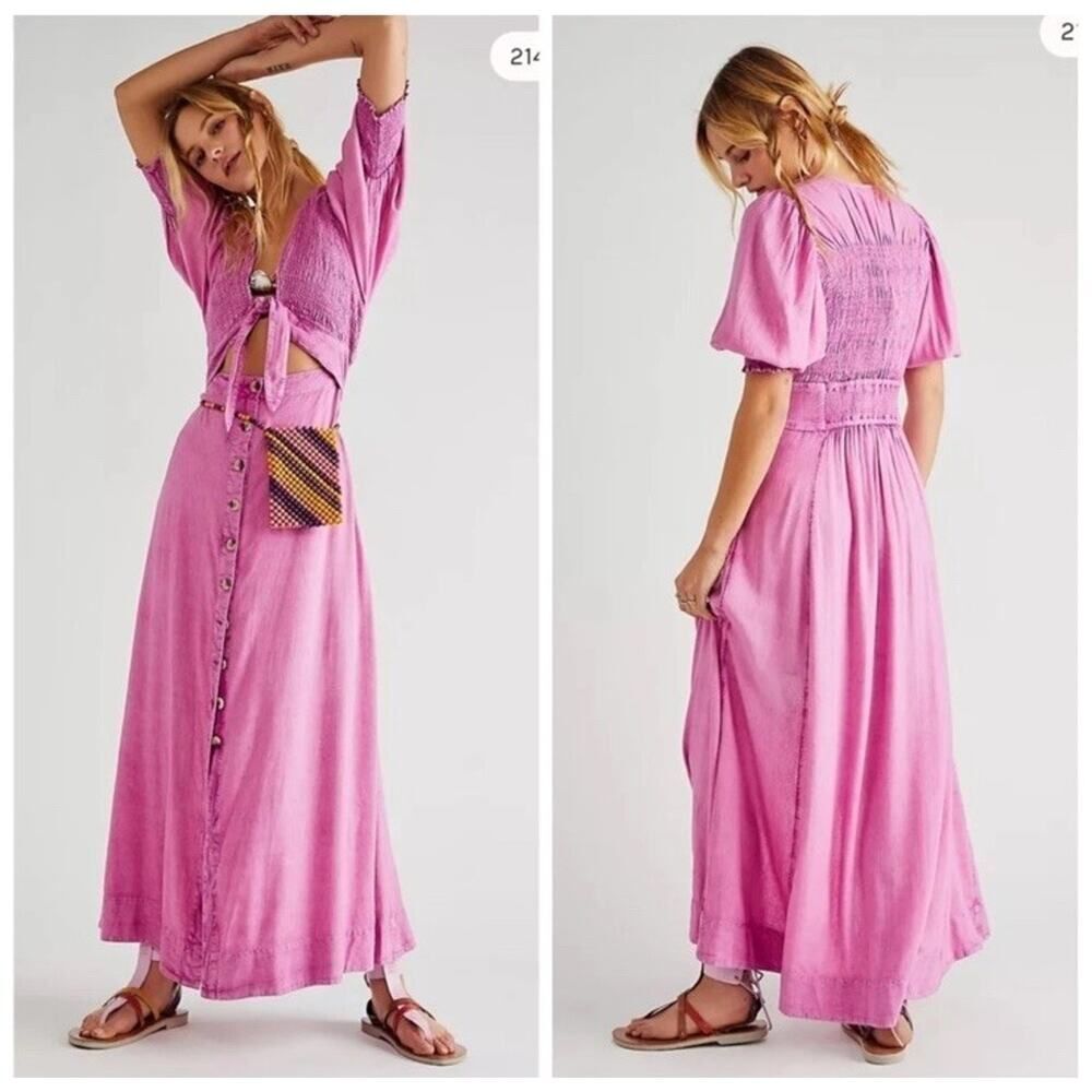 NWT Free People String Of Hearts Maxi Dress Pink Cutout Button Front XS